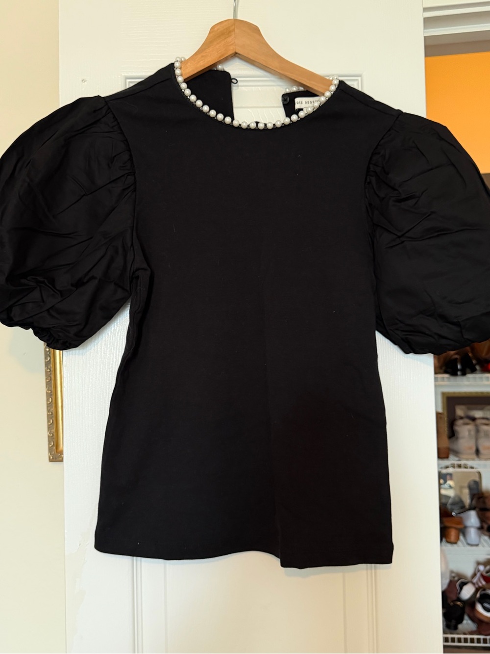 Black Pearl-Trim Puff Sleeve Blouse by Sea New York